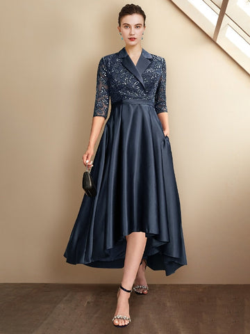 Robes fourreau/colonne à col en V et longueur thé pour la mère de la mariée 