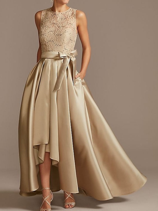Vestidos de corte princesa/línea A para la madre de la novia, sin mangas, con cuello joya y encaje plisado. 