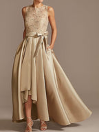 Vestidos de corte princesa/línea A para la madre de la novia, sin mangas, con cuello joya y encaje plisado. 