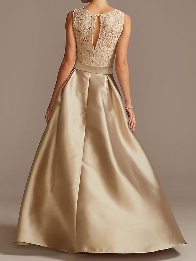 Vestidos de corte princesa/línea A para la madre de la novia, sin mangas, con cuello joya y encaje plisado. 