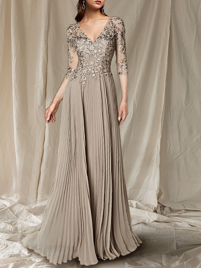 Vestidos de corte princesa/línea A con escote en V hasta el suelo para la madre de la novia 