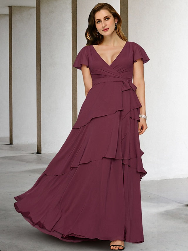 Vestidos de corte princesa/línea A con escote en V hasta el suelo para la madre de la novia 