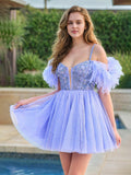 Vestidos de fiesta de bienvenida de tul con cuentas, corte en A y hombros descubiertos, con plumas