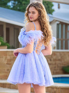 Vestidos de fiesta de bienvenida de tul con cuentas, corte en A y hombros descubiertos, con plumas