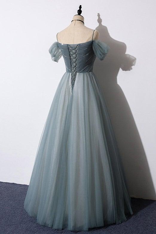 Vestido de fiesta de tul gris con escote en A y hombros descubiertos