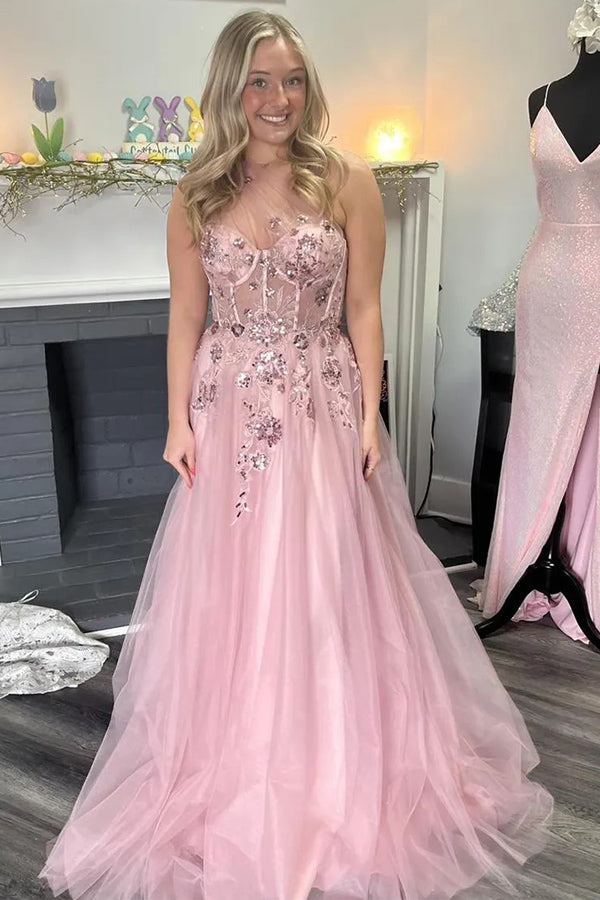 Vestido largo de fiesta rosa de tul con apliques, corte en A y un solo hombro