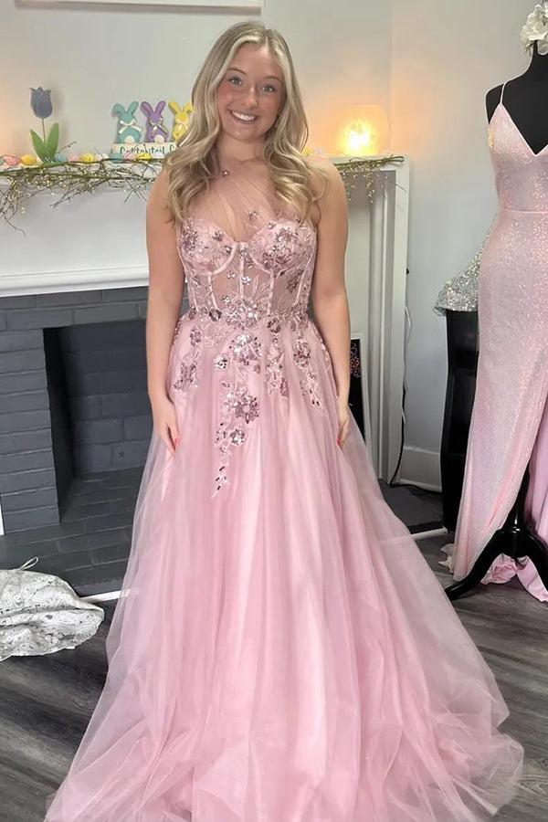 Vestido largo de fiesta rosa de tul con apliques, corte en A y un solo hombro