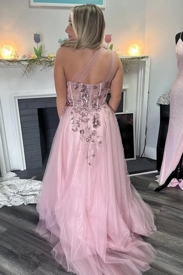 Vestido largo de fiesta rosa de tul con apliques, corte en A y un solo hombro