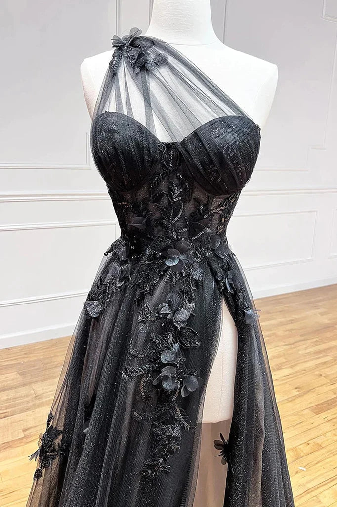 Vestido largo de fiesta negro de corte A con un solo hombro y apliques 3D PSK444