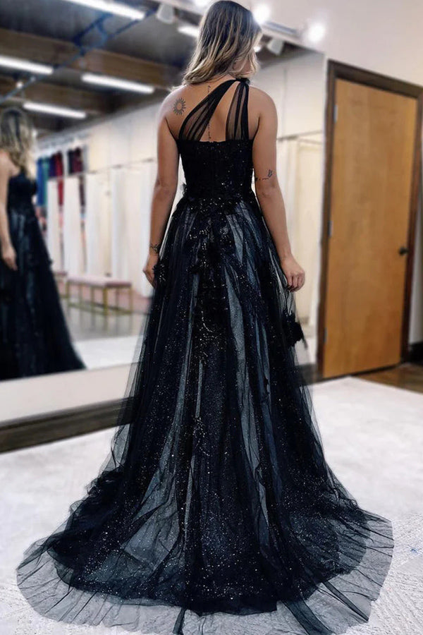Vestido largo de fiesta negro de corte A con un solo hombro y apliques 3D PSK444
