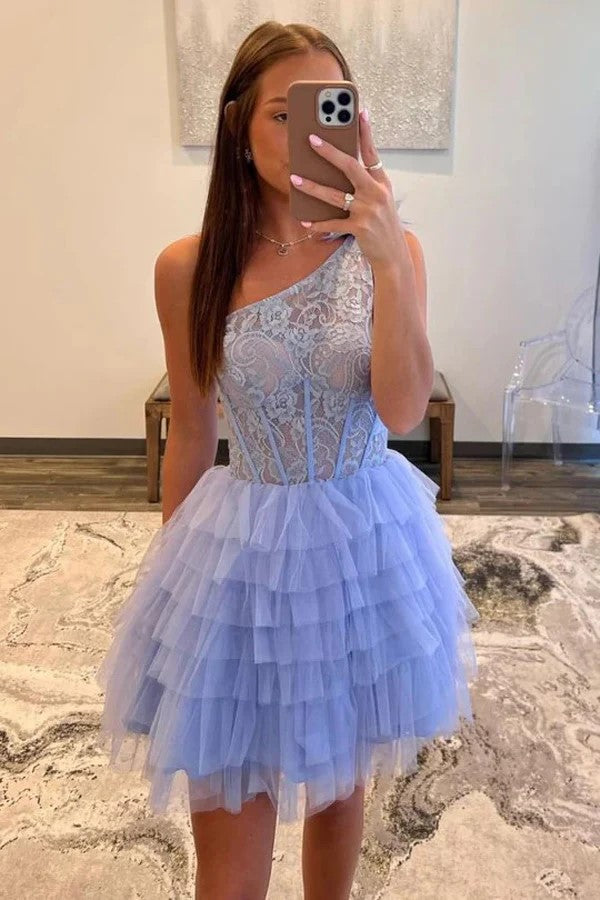 Vestido de fiesta de bienvenida de corte A, un solo hombro, encaje en capas, color lavanda PD516