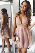 Vestido corto de fiesta de bienvenida PD440, corte en A, tul rosa, escote en V profundo, espalda descubierta con pliegues