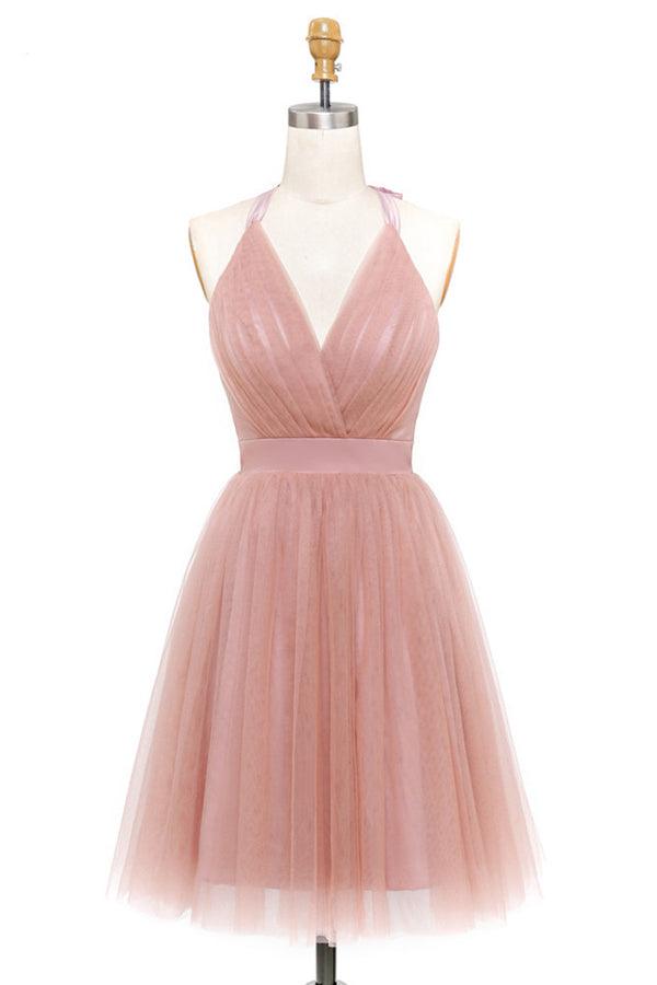 Vestido corto de fiesta de bienvenida PD440, corte en A, tul rosa, escote en V profundo, espalda descubierta con pliegues