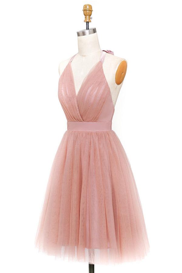 Vestido corto de fiesta de bienvenida PD440, corte en A, tul rosa, escote en V profundo, espalda descubierta con pliegues