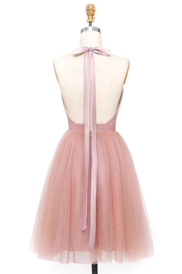 Vestido corto de fiesta de bienvenida PD440, corte en A, tul rosa, escote en V profundo, espalda descubierta con pliegues