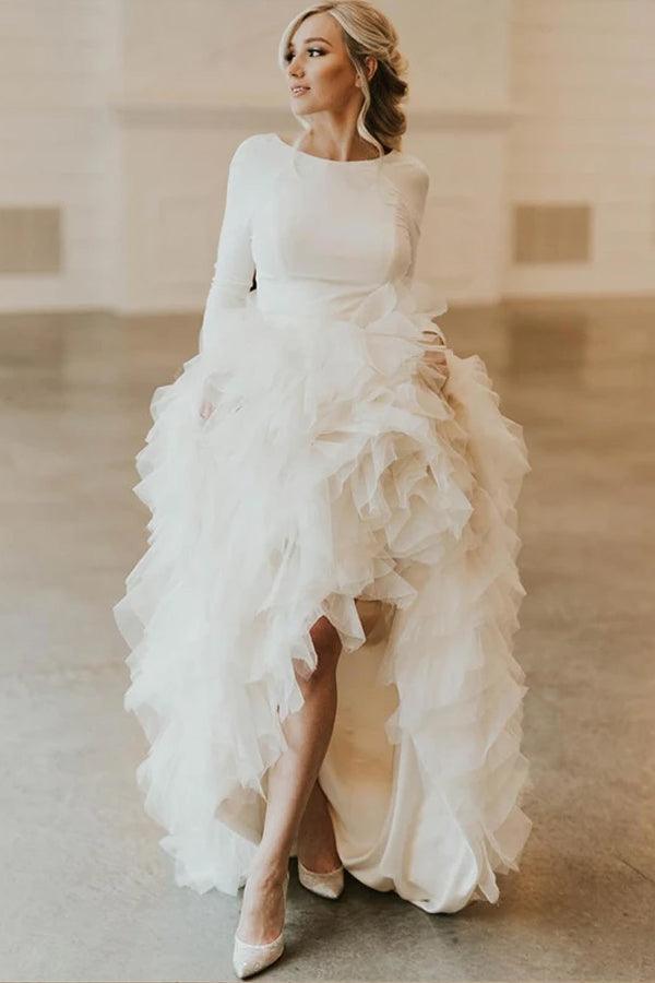 Robe de mariée en tulle à col rond, traîne courte et manches longues, coupe trapèze, modèle WD307