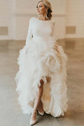 Robe de mariée en tulle à col rond, traîne courte et manches longues, coupe trapèze, modèle WD307
