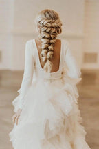 Robe de mariée en tulle à col rond, traîne courte et manches longues, coupe trapèze, modèle WD307