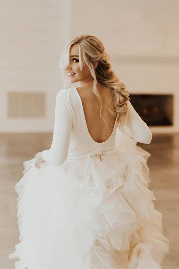 Robe de mariée en tulle à col rond, traîne courte et manches longues, coupe trapèze, modèle WD307