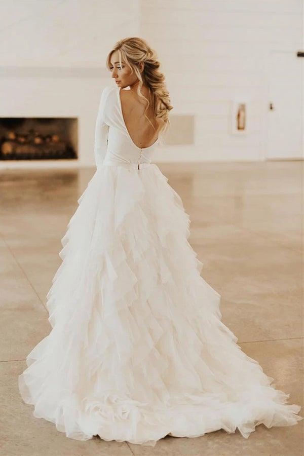 Robe de mariée en tulle à col rond, traîne courte et manches longues, coupe trapèze, modèle WD307