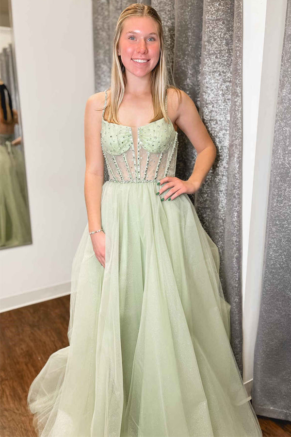 Vestido de fiesta de tul con lentejuelas y cuentas, corte en A, color verde salvia, con tirantes y corte en A