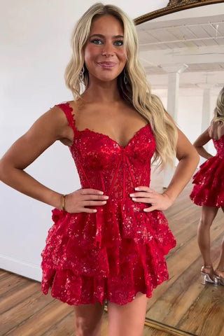Vestido corto rojo de cóctel para fiesta de bienvenida con apliques de lentejuelas y corte en A PD497