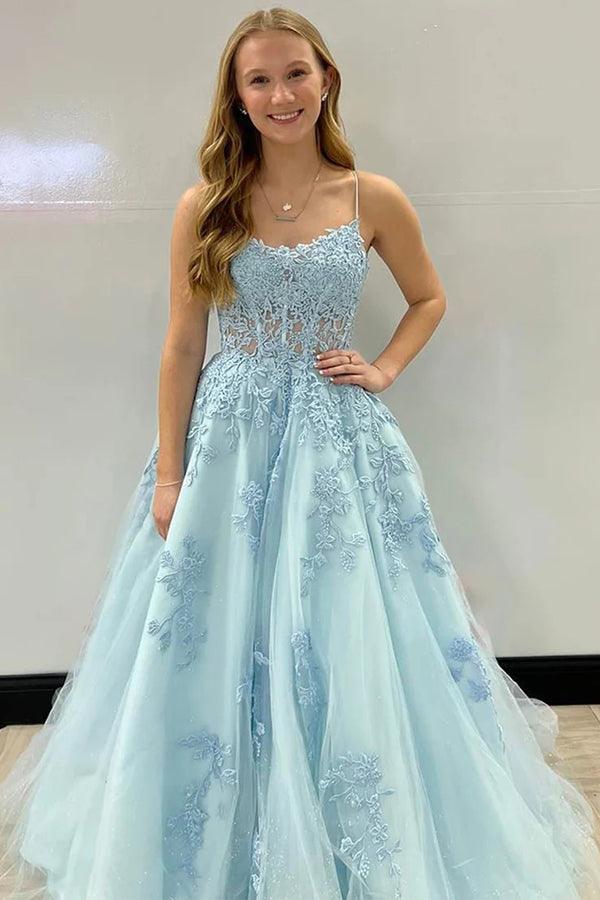 Vestido largo de fiesta de corte A con tirantes finos, espalda con corsé y apliques