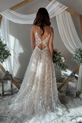 Vestido de novia elegante de corte A con tirantes finos y espalda con abertura en forma de ojo de cerradura WD731