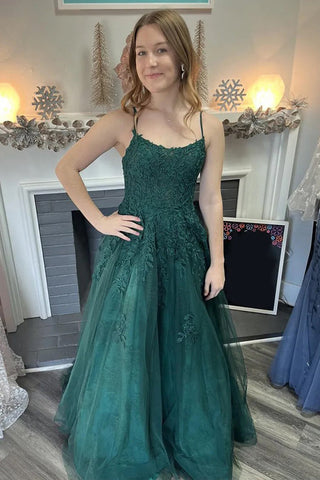 Vestido largo de fiesta verde oscuro de tul con tirantes finos y corte en A