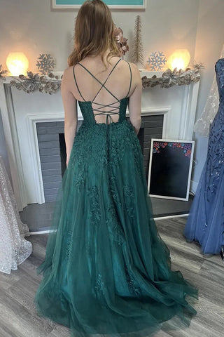 Vestido largo de fiesta verde oscuro de tul con tirantes finos y corte en A