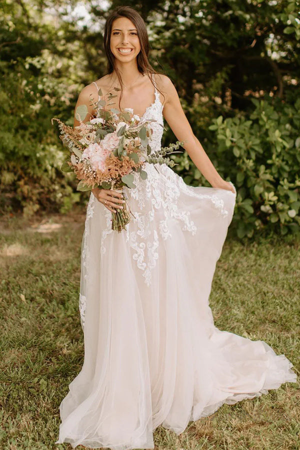 Vestido de novia rústico de tul con tirantes finos y corte en A con apliques WD656