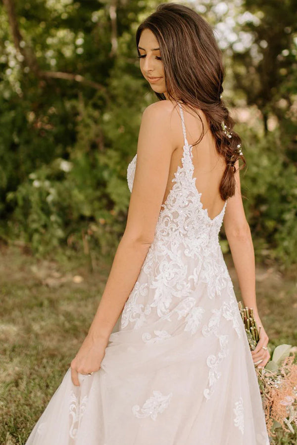 Vestido de novia rústico de tul con tirantes finos y corte en A con apliques WD656