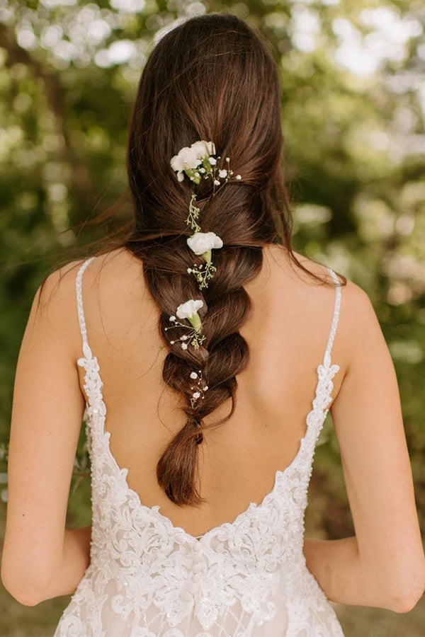 Vestido de novia rústico de tul con tirantes finos y corte en A con apliques WD656