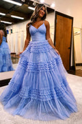 Vestido largo de fiesta de corte A con tirantes finos, escote en V y tul escalonado