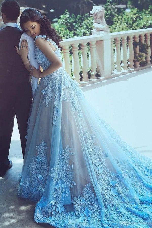 Vestido de novia azul de tul sin mangas, corte línea A, cola de capilla cuadrada WD183