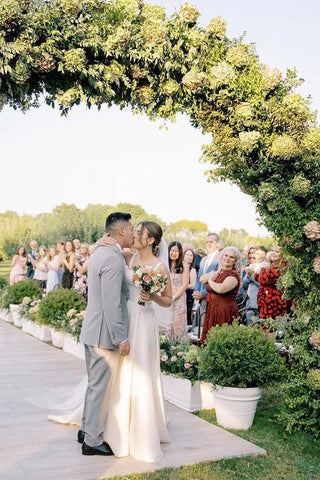 Vestido de novia sencillo, corte en A, escote cuadrado, estilo modesto WD745