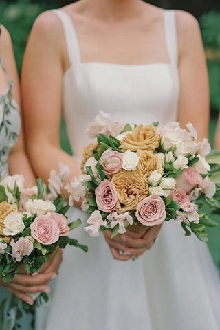 Vestido de novia sencillo, corte en A, escote cuadrado, estilo modesto WD745