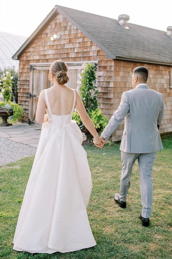 Vestido de novia sencillo, corte en A, escote cuadrado, estilo modesto WD745