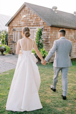 Vestido de novia sencillo, corte en A, escote cuadrado, estilo modesto WD745