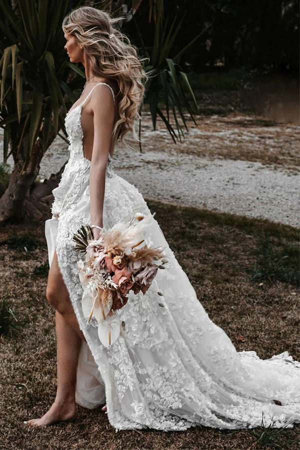 Robe de mariée bohème de plage en dentelle à bretelles trapèze avec fente WD657