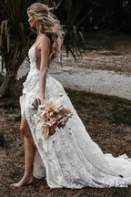 Robe de mariée bohème de plage en dentelle à bretelles trapèze avec fente WD657
