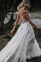 Robe de mariée bohème de plage en dentelle à bretelles trapèze avec fente WD657