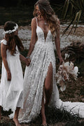 Robe de mariée bohème de plage en dentelle à bretelles trapèze avec fente WD657