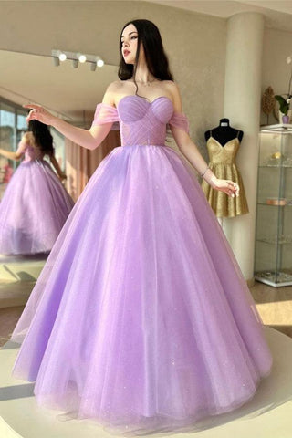 Robe de bal longue violette en tulle, coupe trapèze, décolleté cœur