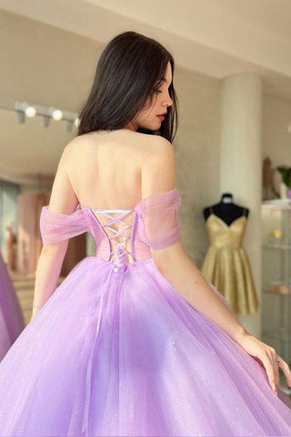 Robe de bal longue violette en tulle, coupe trapèze, décolleté cœur