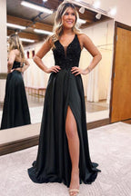 Vestido largo de fiesta negro de corte evasé con escote en V y bolsillos