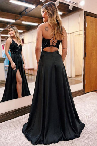 A-Line V-Neck Black Long Prom Dress With Pockets