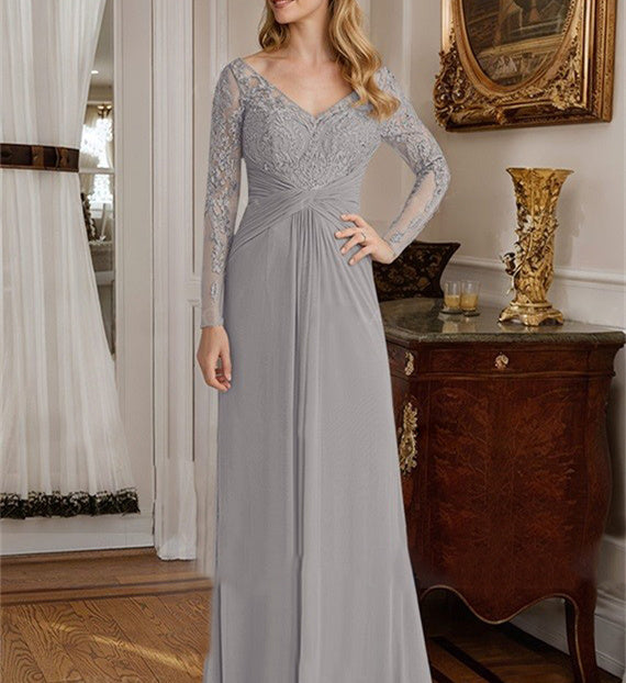 Vestidos de corte princesa/línea A, escote en V, largos hasta el suelo, para la madre de la novia, con volantes de encaje. 