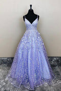 Vestido largo de noche de fiesta con encaje floral lavanda, escote en V y corte en A