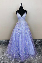 Vestido largo de noche de fiesta con encaje floral lavanda, escote en V y corte en A